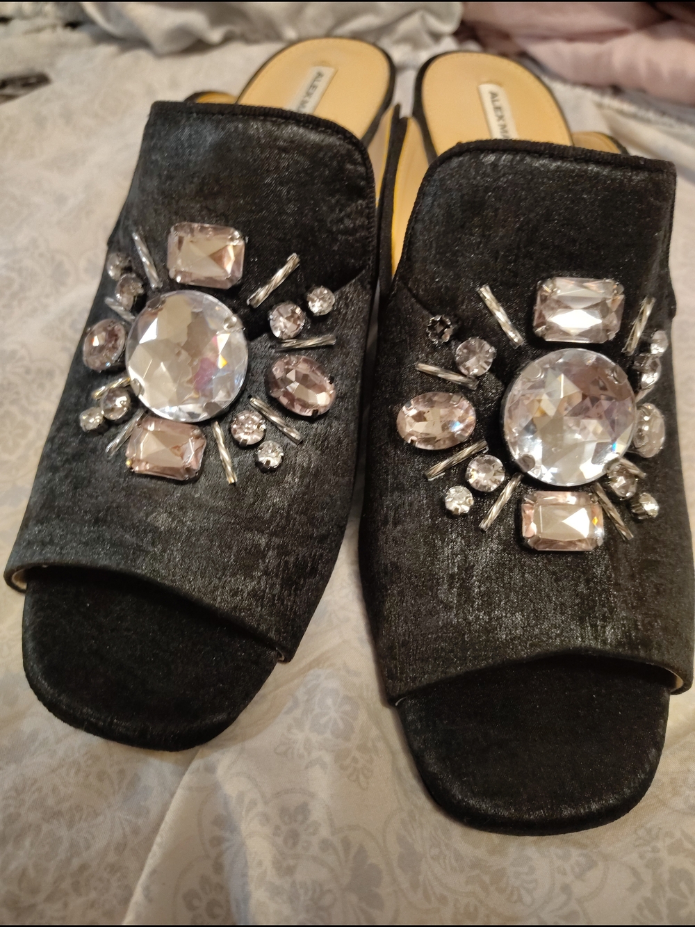 Alex Marie Black Jeweled Velvet Slide Mules